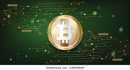 Bitcoin (BTC) Crypto metallic coin virtual currency token on futuristic technology vector background illustration 