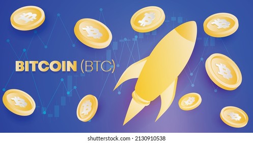 Bitcoin BTC cryptocurrency banner and background template with illustration of spaceship and crypto coins floating