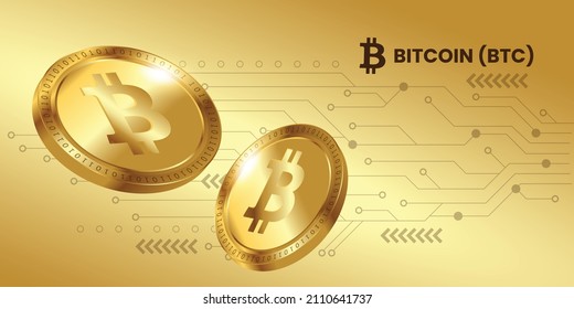 Bitcoin BTC cryptocurrency banner vector illustration with logo in golden coin template