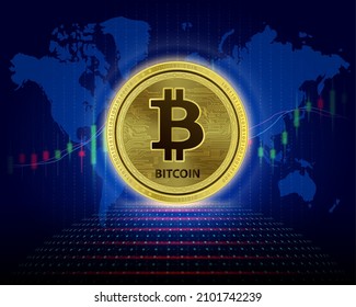 Bitcoin BTC cryptocurrency blockchain (crypto currency) currency, alternative currency, Golden virtual currency with growth chart. 3D Vector illustration. Symbol of modern digital gold and money. 