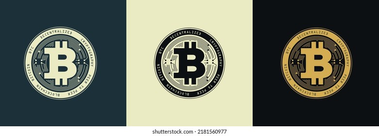 Bitcoin BTC cryptocurrency coin emblem and symbol. Block chain based virtual currency logo vector illustration 