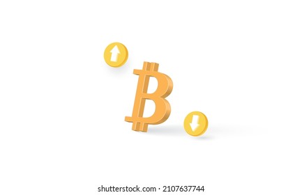 Bitcoin BTC Cryptocurrency Coins con flecha hacia arriba y hacia abajo, ilustración de representación 3d