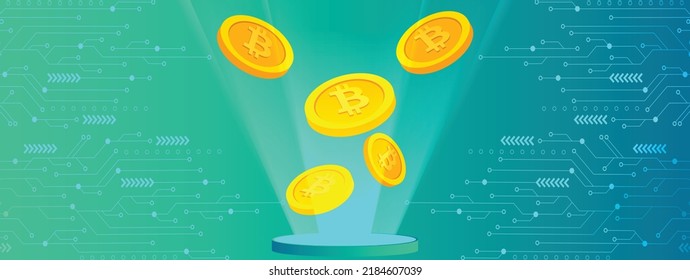 Bitcoin BTC cryptocurrency coins futuristic fintech concept digital vector illustration banner and background
