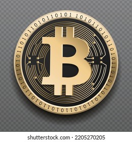 Bitcoin (BTC) Cryptocurrency Golden Coin Isolated In Transparent Background. Virtual Currency Token Symbol Vector Illustration Based On Cryptography And Block Chain Technology.