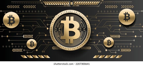 Bitcoin BTC Cryptocurrency Golden Coin On Futuristic Technology Background Vector Illustration Banner And Wallpaper Template 