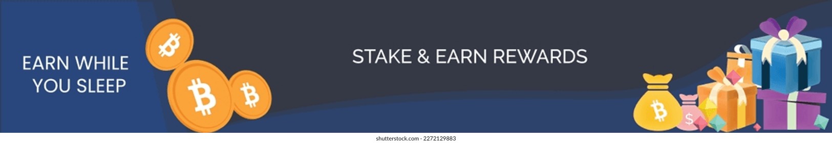 Bitcoin, BTC cryptocurrency Header or footer banner template. vector illustartion of bitcoin coins, gift boxes, money bags for crypto web template. 