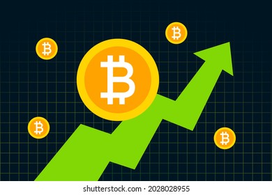 Bitcoin (BTC) Cryptocurrency price rises to all time high. Bitcoin graph chart design. Green arrow shows Bitcoin price going up. Vector illustration template