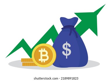 Bitcoin BTC Dollar price up. Bitcoin up design. Up arrow shows Bitcoin Dollar price going up. Vector illustration