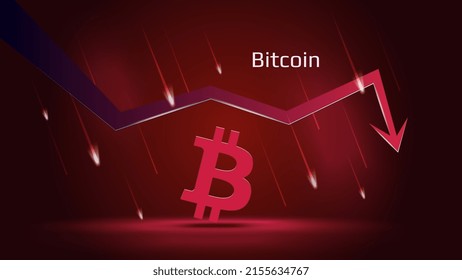 Bitcoin BTC en tendencia a la baja y precio a la baja en un fondo rojo oscuro. Símbolo de moneda de criptodivisa y flecha roja hacia abajo con meteoros en caída. Crisis comercial y crisis. Ilustración vectorial.