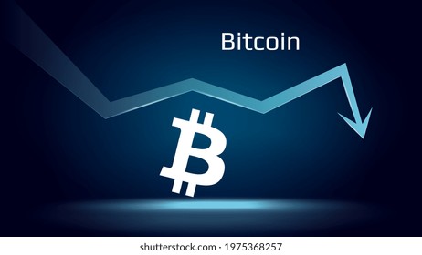 Bitcoin BTC in downtrend and price falls down. Crypto coin symbol and down arrow. Uniswap crushed and fell down. Cryptocurrency trading crisis and crash. Vector illustration.