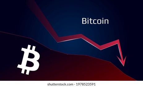 Bitcoin BTC in downtrend and price falls down. Crypto coin symbol and red down arrow. Uniswap crushed and fell down. Cryptocurrency trading crisis and crash. Vector illustration.