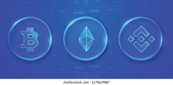 Bitcoin BTC, Ethereum ETH And Binance BNB Neon Lights Crypto Currency Coin Symbols. 