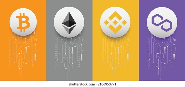 Bitcoin (BTC), Ethereum (ETH), Binance (BNB) and Polygon (MATIC) crypto currency logo symbols vector illustration on technology background and banner template