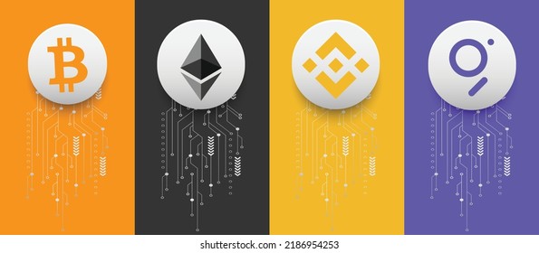 Bitcoin (BTC), Ethereum (ETH), Binance (BNB) and The Graph (GRT) crypto currency logo symbols vector illustration on technology background and banner template