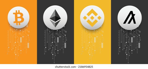 Bitcoin (BTC), Ethereum (ETH), Binance (BNB) y Algorand (ALGO) símbolos criptográficos del logotipo de la moneda, ilustración vectorial sobre fondo tecnológico y plantilla de banner