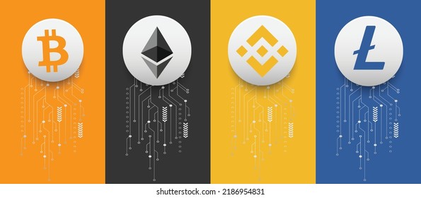 Bitcoin (BTC), Ethereum (ETH), Binance (BNB) and Litecoin (LTC) crypto currency logo symbols vector illustration on technology background and banner template