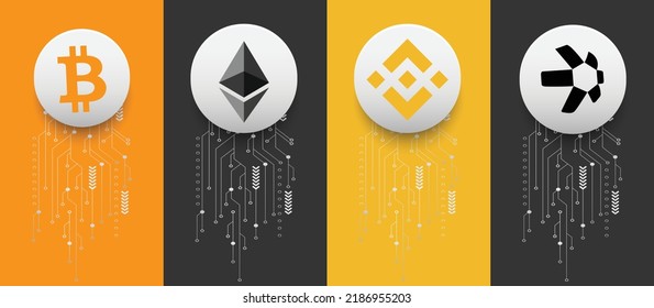 Bitcoin (BTC), Ethereum (ETH), Binance (BNB) and Quant (QNT) crypto currency logo symbols vector illustration on technology background and banner template