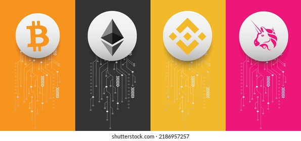 Bitcoin (BTC), Ethereum (ETH), Binance (BNB) and Uniswap (UNI) crypto currency logo symbols vector illustration on technology background and banner template