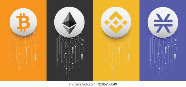 Bitcoin (BTC), Ethereum (ETH), Binance (BNB) and Stacks (STX) crypto currency logo symbols vector illustration on technology background and banner template