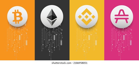Bitcoin (BTC), Ethereum (ETH), Binance (BNB) and Amp (AMP) crypto currency logo symbols vector illustration on technology background and banner template