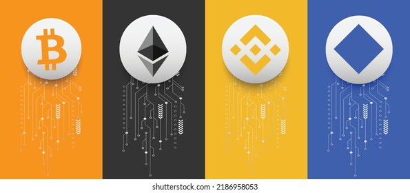 Bitcoin (BTC), Ethereum (ETH), Binance (BNB) and Waves (WAVES) crypto currency logo symbols vector illustration on technology background and banner template