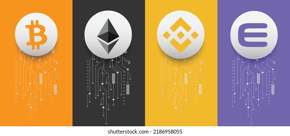 Bitcoin (BTC), Ethereum (ETH), Binance (BNB) and Enjin Coin (ENJ) crypto currency logo symbols vector illustration on technology background and banner template