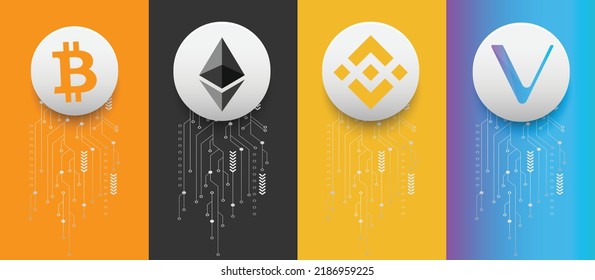 Bitcoin (BTC), Ethereum (ETH), Binance (BNB) and VeChain (VET) crypto currency logo symbols vector illustration on technology background and banner template