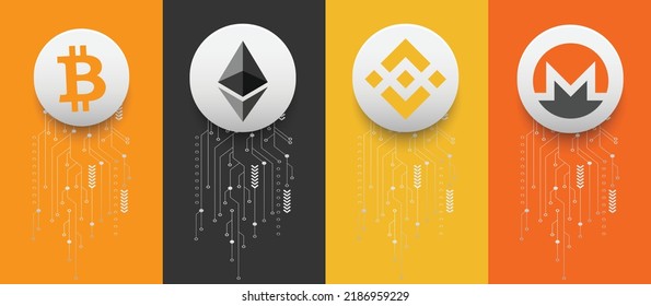 Bitcoin (BTC), Ethereum (ETH), Binance (BNB) y Monero (XMR) símbolos criptográficos del logotipo de la moneda, ilustración vectorial sobre fondo tecnológico y plantilla de banner