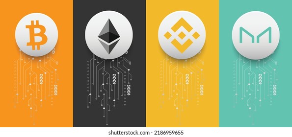 Bitcoin (BTC), Ethereum (ETH), Binance (BNB) and Maker (MKR) crypto currency logo symbols vector illustration on technology background and banner template