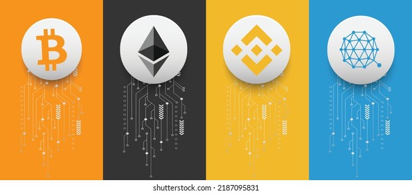 Bitcoin (BTC), Ethereum (ETH), Binance (BNB) and Qtum (QTUM) crypto currency logo symbols vector illustration on technology background and banner template