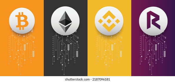 Bitcoin (BTC), Ethereum (ETH), Binance (BNB) y Revain (REV), símbolos cripto de logotipo de moneda, ilustración vectorial sobre fondo tecnológico y plantilla de banner