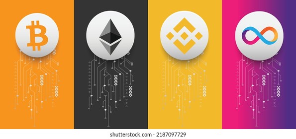 Bitcoin (BTC), Ethereum (ETH), Binance (BNB) and Internet Computer (ICP) crypto currency logo symbols vector illustration on technology background and banner template