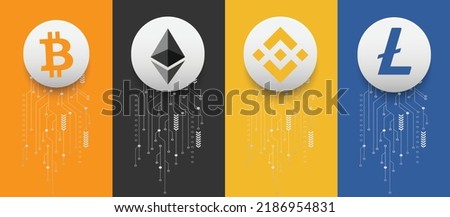 Bitcoin (BTC), Ethereum (ETH), Binance (BNB) and Litecoin (LTC) crypto currency logo symbols vector illustration on technology background and banner template