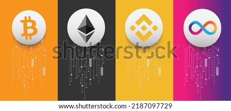 Bitcoin (BTC), Ethereum (ETH), Binance (BNB) and Internet Computer (ICP) crypto currency logo symbols vector illustration on technology background and banner template
