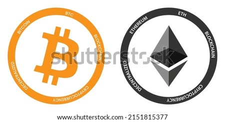 Bitcoin BTC and Ethereum ETH crypto logos. Cryptocurrency symbol set vector illustration template
