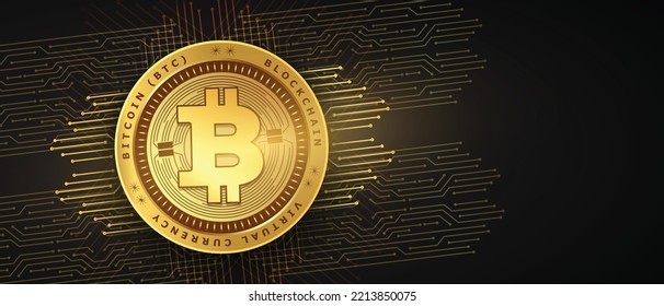 Bitcoin BTC tecnología de monedas doradas vector Bandera y fondo 