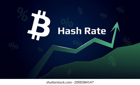 Die Bitcoin-BTC-Hashrate ist gestiegen. Bitcoin-Symbol mit grünem Pfeil nach oben. Die Bergbaumacht ist gewachsen. Vektorgrafik.