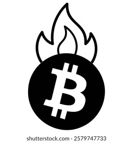 Bitcoin BTC logo on fire burned crisis vector icon outline illustration
