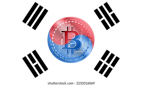 Bitcoin BTC on colored flag of South Korea. Central Bank of Republic of South Korea adopts laws on digital assets CBDC. Illustration for banner, website, landing page, ads, flyer template.