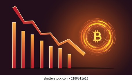 Bitcoin BTC Preis nach unten. Bitcoin-Down-Design. Nach unten zeigt der Bitcoin-Preis sinkt. Vektorgrafik