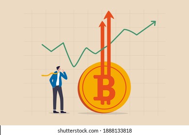 Bitcoin BTC price soaring sky high hit new high record concept, businessman investor look high at rising up arrows from Bitcoin symbol with green chart and graph.