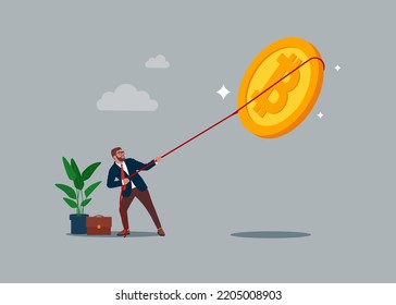 Bitcoin BTC price soaring sky high hit new high record concept. Inflation, price rise, money value decrease, Bitcoin BTC coin. Flat vector illustration.
