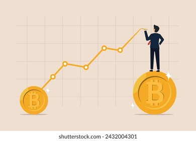 El precio de Bitcoin BTC se dispara hasta el cielo y alcanza un nuevo concepto de récord máximo, el inversionista empresario dibuja una flecha ascendente del símbolo de Bitcoin con un gráfico en alza.