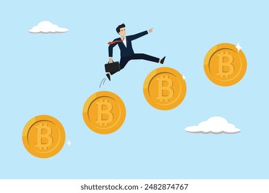 Bitcoin BTC price soaring sky high hit new high record concept, income increase, businessman investor climbs the bitcoin BTC ladder to reach the highest price.
