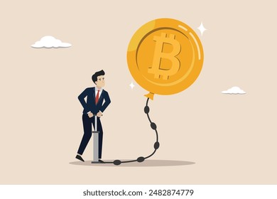 Bitcoin BTC price soaring sky high hit new high record concept, income increase, entrepreneur inflates air pump into floating bitcoin currency BTC.