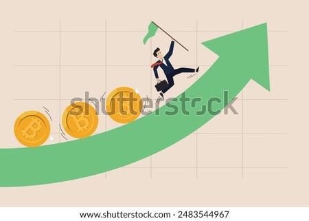 Bitcoin BTC price soaring sky high hit new high record concept, income increase, fund manager holding bitcoin BTC leading flag running up graph.