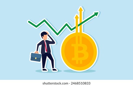 Bitcoin BTC price soars, hitting a new all time high record, concept of Investor looks up at rising arrows from Bitcoin symbol with green chart