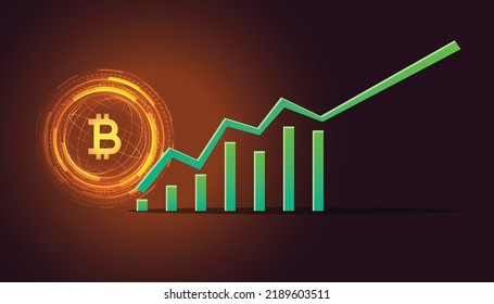 Bitcoin BTC price up. Bitcoin up design. Up arrow shows Bitcoin price going up. Vector illustration