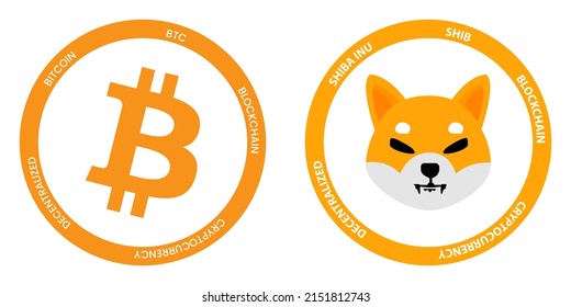 Bitcoin BTC and Shiba Inu SHIB crypto logos. Cryptocurrency symbol set vector illustration template