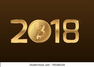 Bitcoin BTC sign symbol integrated into 2018 number. Future of blockchain decentralized digital crypto currency. What happens to Bitcoin in 2018. Golden on brown background. Vector design illustration